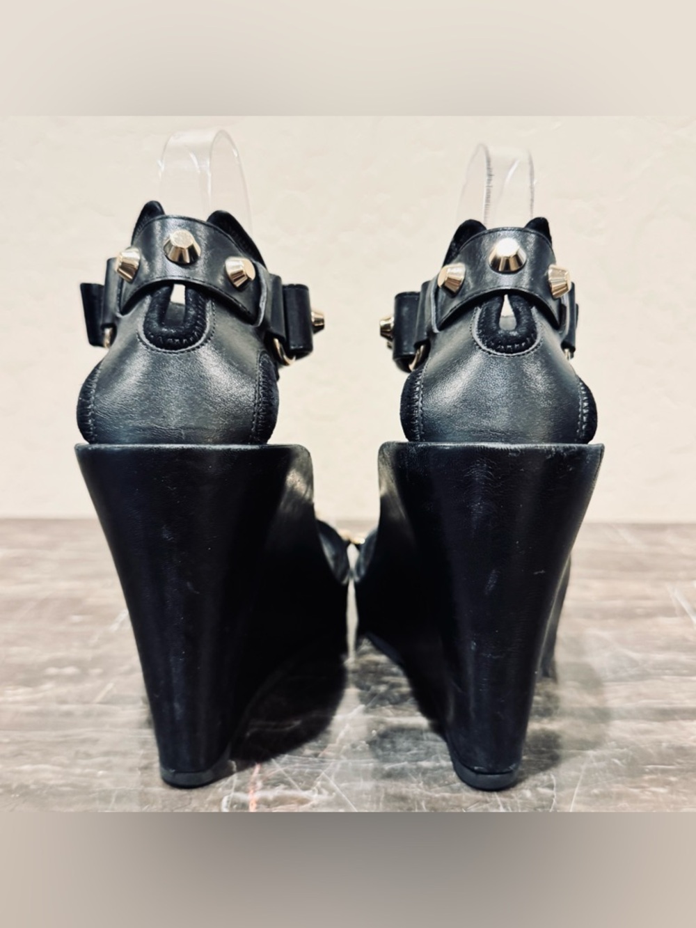 Balenciaga Black Leather Studded Wedge Sandals - Picture 12 of 16
